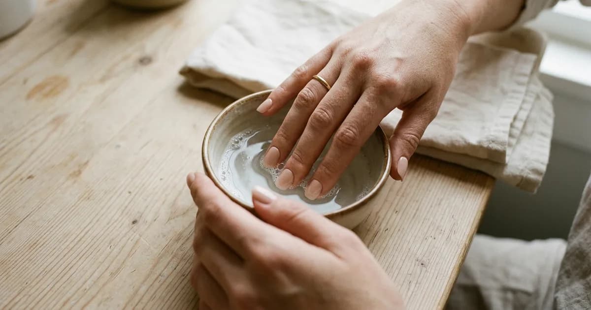 Two hands over a small ceramic bowl of soapy water on a pale wooden table, one hand resting its fingertips with short nude nails in the water, a thin gold ring on the ring finger