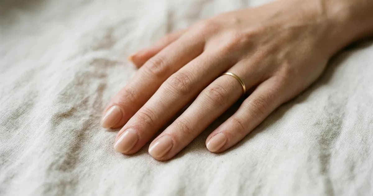 En kvinnehånd hviler flatt på et lyst, krøllet linstoff i dagslys, med korte nude negler og en tynn gullring på ringfingeren