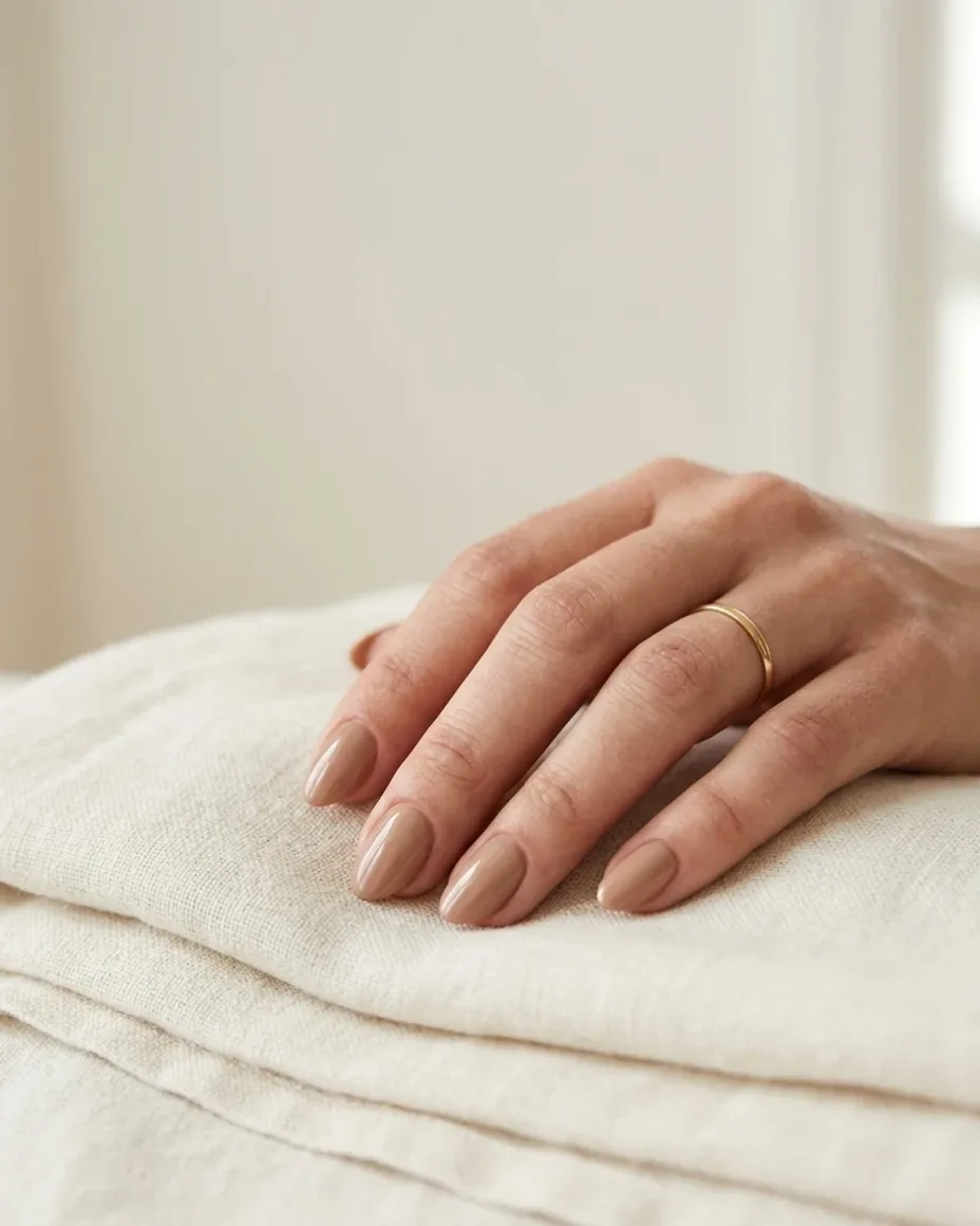 Hand with short almond-shaped press-on nails in nude tones resting on folded linen in daylight