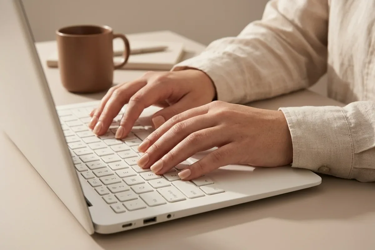 Hender med korte, nude press-on negler som skriver på et lyst tastatur ved et hjemmekontor