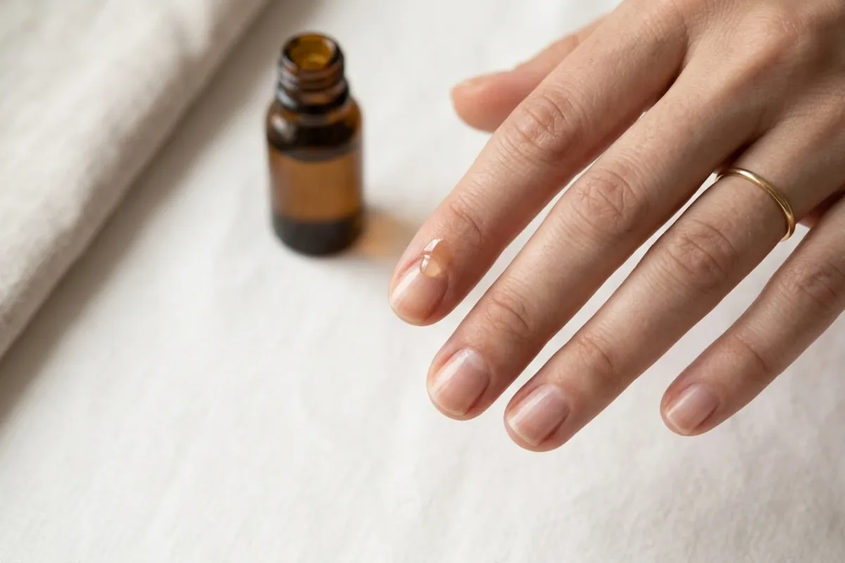 Bare, korte naturnegler med naturlig glans på et hvitt stoff, med en dråpe neglebåndsolje på den ene neglen og en brun oljeflaske bak