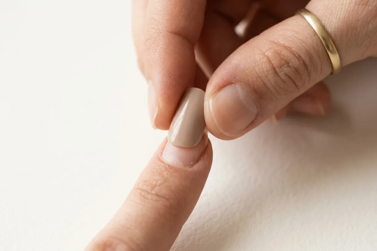 Nærbilde av en nude press-on negl som trykkes ned på en forberedt naturlig negl