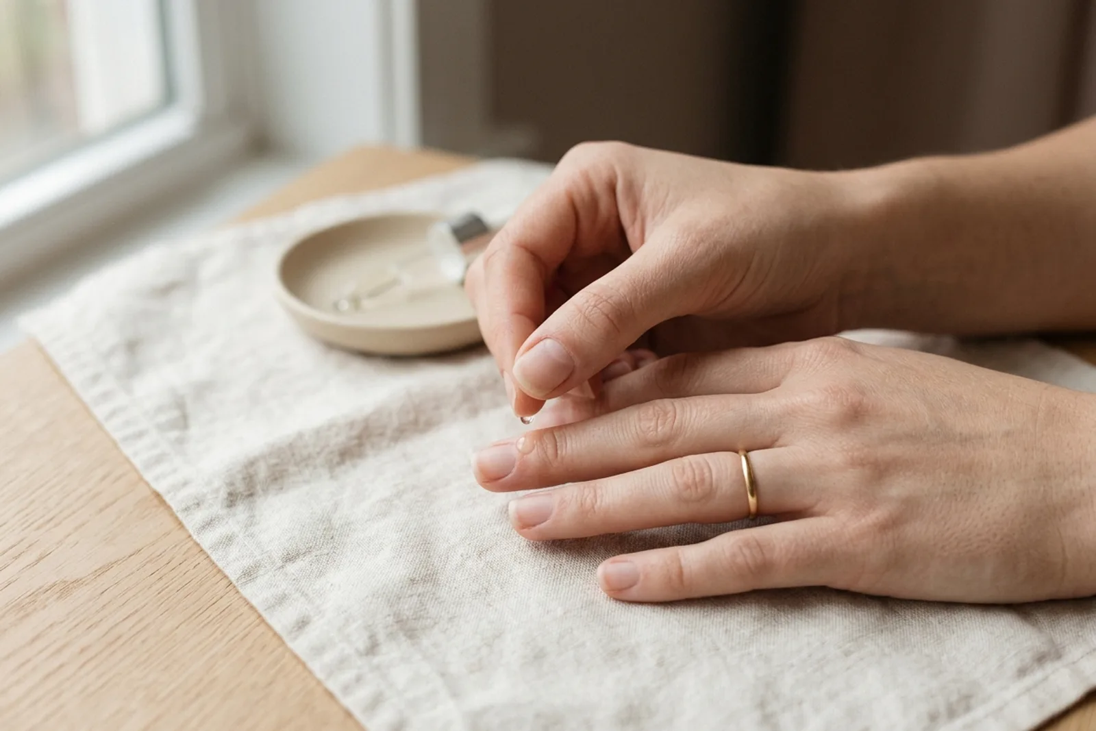 Two hands over a linen cloth by a window, a drop of oil between the fingertips above the other hand's bare short natural nails, with a small dish and an oil bottle behind