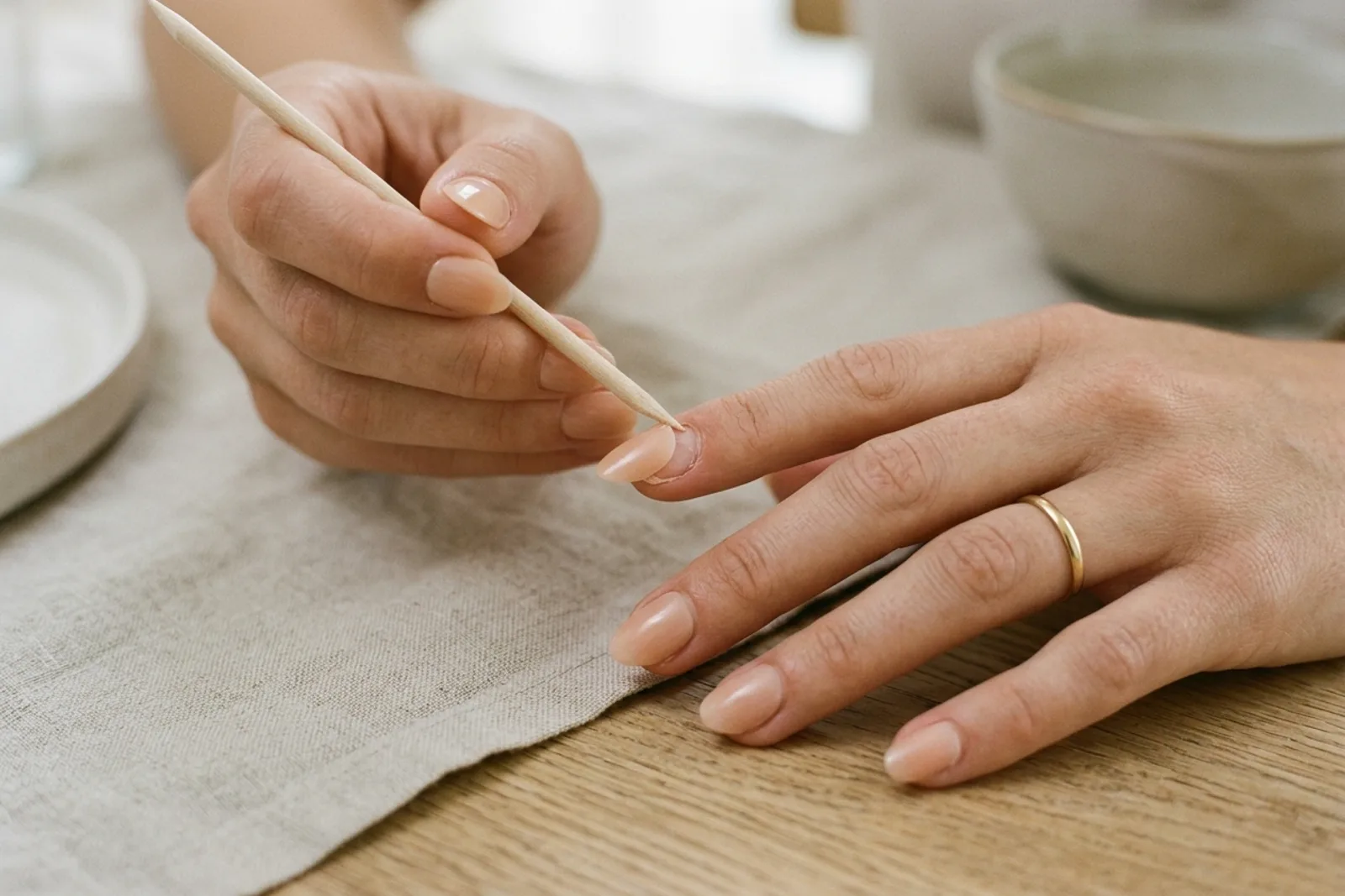 Close-up of one hand holding a wooden orange stick against the cuticle of the other hand's index finger, short nude nails and a thin gold ring