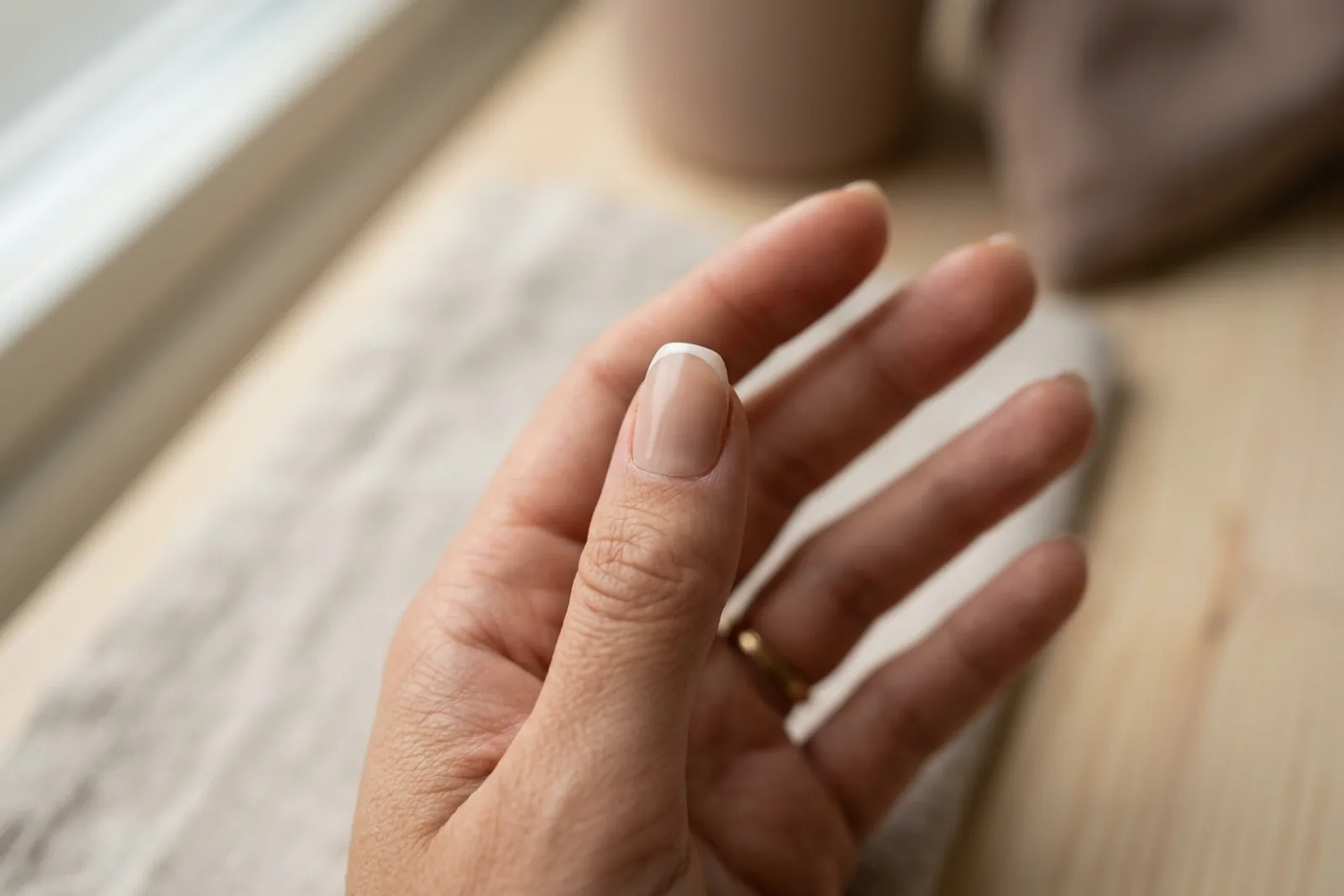 Nærbilde av én negl med nude base og en ren hvit fransk tupp, der den buede overgangen mellom hvitt og nude vises tydelig, mot en uskarp lys trebakgrunn