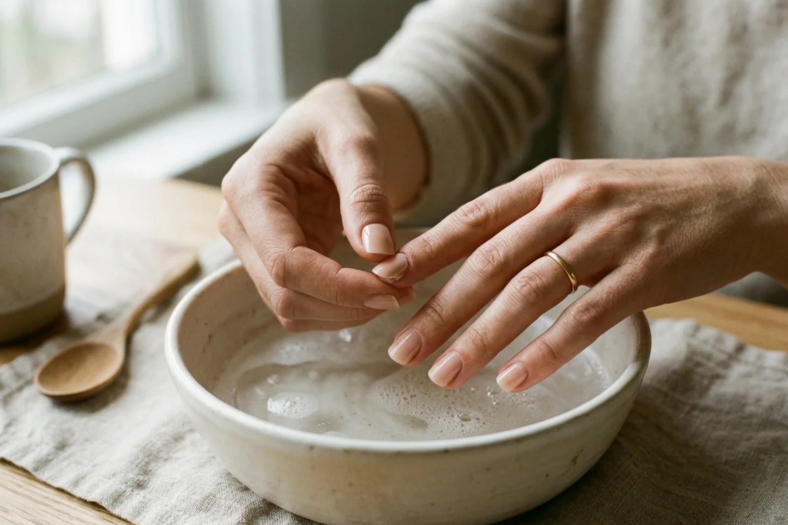 To hender over en hvit bolle med varmt såpevann, den ene vrikker forsiktig løs en nude negl fra en fingertupp, med en kaffekopp og en tresleiv ved siden av