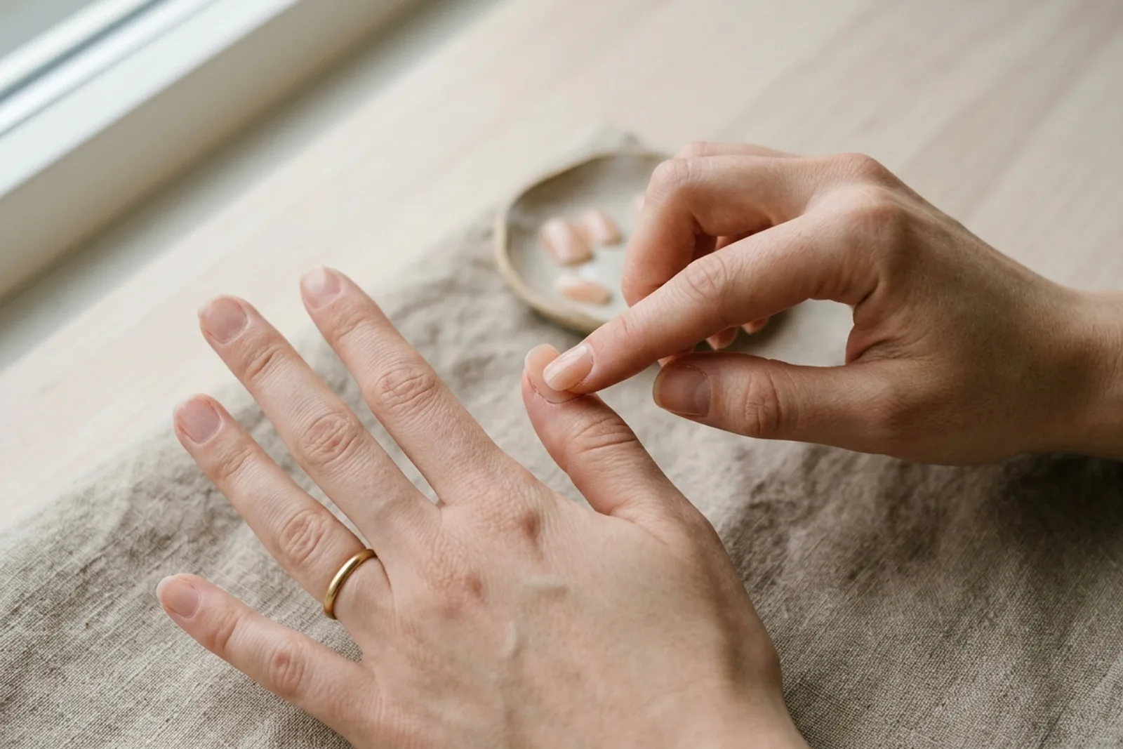 Hånd sett ovenfra på beige lin, der en fingertupp trykker en negl på plass, med noen løse nude press-on negler i en liten skål bak