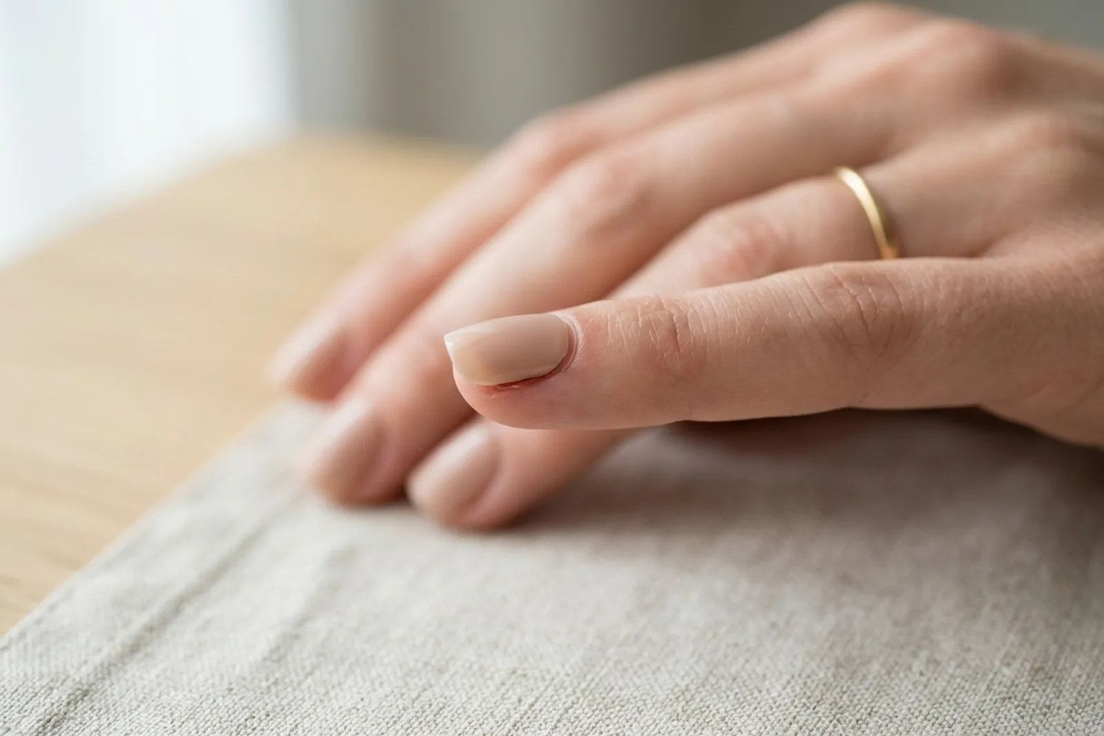Tett nærbilde av en fingertupp med en kort nude press-on negl, der siden og kanten mot neglebåndet vises på nært hold, med en tynn glipe der neglen møter huden