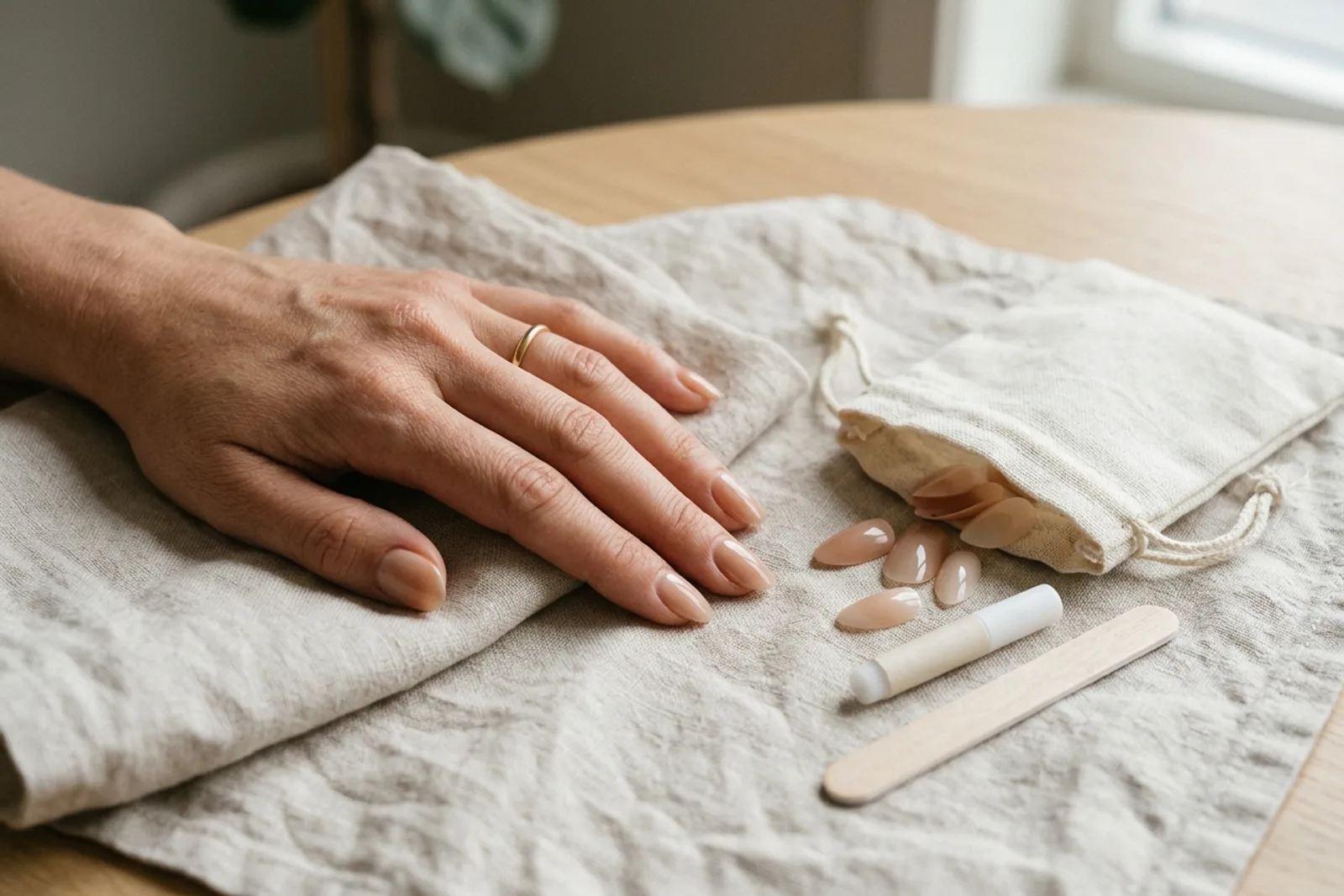 En hånd med korte nude negler og en tynn gullring hviler på et lyst, skrukkete linstoff, ved siden av en liten trekkpose som flere nude mandelformede løsnegler har trillet ut av, sammen med en liten limtube og en trepinne