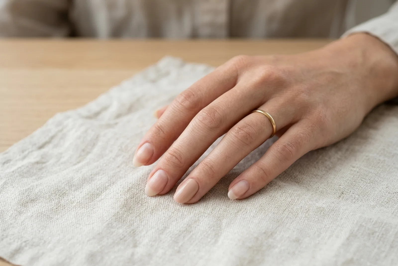 En kvinnehånd hviler flatt på en skrukkete offwhite lindukk på et trebord, med korte nude negler og en tynn gullring på ringfingeren
