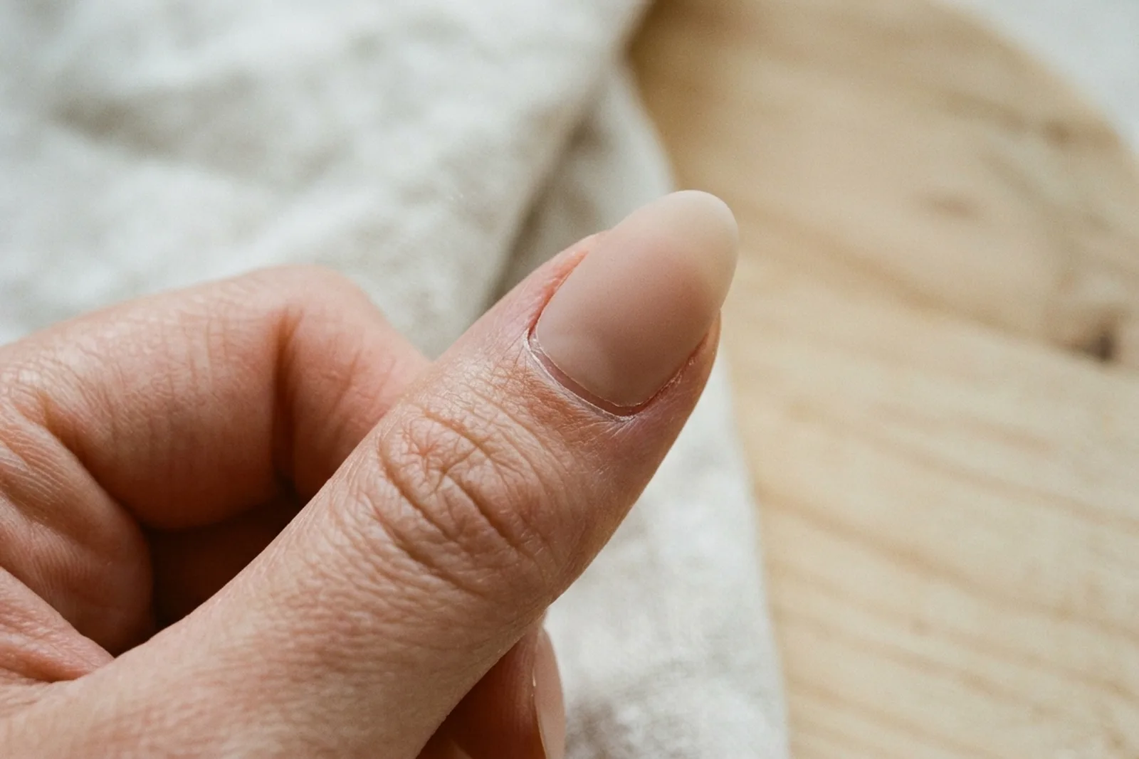 Ekstrem nærbilde av en tommel med en kort nude press-on negl, der en tynn kant løfter seg litt langs siden ved neglebåndet